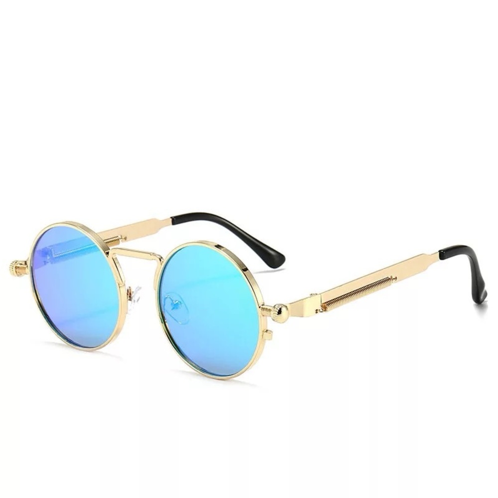 Round Blue Lens Sunglasses with Gold Frame